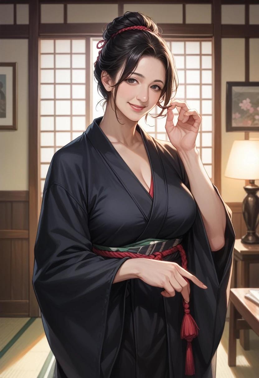 Black kimono、1 woman, (Mature Woman:1.4)、Poison Woman、50 years old、(updo),Sexy smile、Black Hair、Married women、The fingers of one hand are shaped like a cylinder、Japanese-style room,masterpiece,photo realistic,立ち