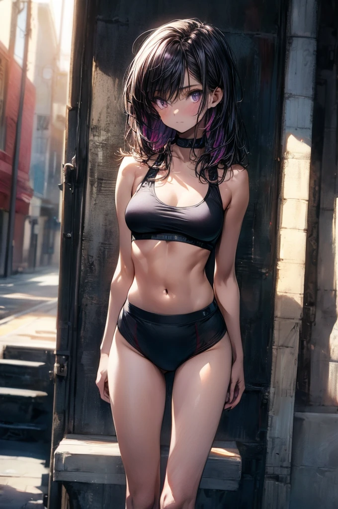 ((Sketch)), ((Watercolor)), ((best quality)), ((masterpiece)), (detailed), 4k image, anime style, beautiful young girl, sleek waist length dark violet-black hair, velvet colored eyes(mix of red and purple), serious and disdainful expression, sharp and arrogant facial features, full cherry pink lips, slim yet curvy body, tall height(180cm), narrow waist, D cup breasts, athletic physique, small but full curvy hips, oval shaped face, form-fitting sports bra and black form-fitting boxers(underwear), standing pose with body turned at an angle, hips flaring out, looking at the camera with a focused gaze, smooth lightly tanned white skin with a slight sheen, natural indoor background with a bed and desk, soft daylight coming from the right side, casting gentle shadows, casual and slightly intense atmosphere, low angle, sharp focus on the subject, no motion blur, well-lit overall exposure, side view