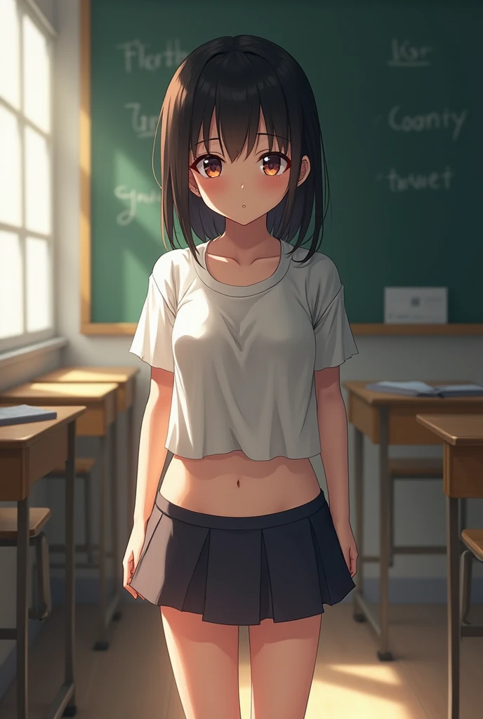 (1 female), short bob, 18 years old, Japanese, brown eyes, brown hair, slim, (flat chest), high school girl, classroom,
transparent T-shirt, (mint green bra undershirt: 0.6), bra visible through clothes,