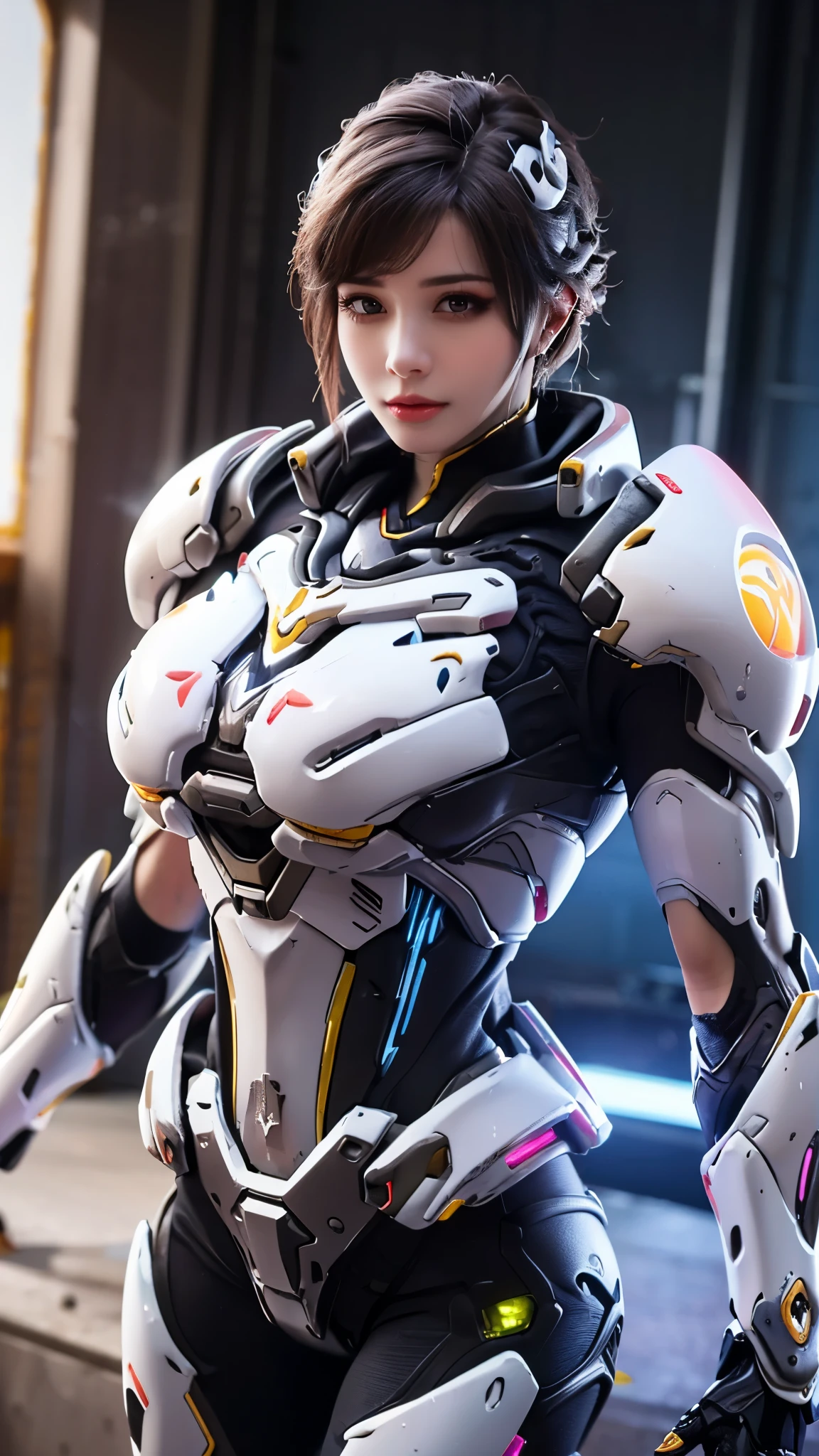 MASTERPIECE, BEST QUALITY, 1GIRL, CLOSE UP UPPER BODY, COWBOY SHOT PORTRAIT, (HER AMAZING K-CUP BREASTS:1.5), ((WEARING OUTFIT MECHA WHITE DARK EVIL ARMOR OVERWATCH:1.5)), (OILED MUSCULAR THICC BODY:1.5), (CLEAN GLOSSY BODYSKIN:1.5), (LOOKING AT VIEWER:1.6), (BACKGROUND FUTURISTIC SPACE STATION:1), (Photorealsitic:1.5), (Ultra-detail), (TOP-QUALITY), (BEST SHADOWS), BRIGHT LIGHT IN ROOM, HYPER TEXTURE, (4X MSAA), ((UNREAL ENGINE 5 RENDER)), (NEON), PHYSICALLY-BASED RENDERING, ULTRA HIGHT DEFINITION, 16K, 1080P.