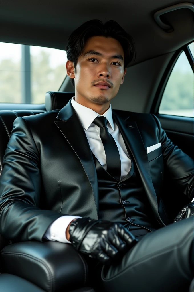 Chinese man 35 years old,daddy,"shiny suit",wear white shirt, very glossy pants, necktie, waistcoat, shiny satin trousers,dark gray satin fabric ,Dad sit in car,  k hd,in the office,"big muscle" ,black hair,asia face,masculine,strong man,the boss is,handsome,,leather gloves,lecherous dad,look straight ahead,dad is handsome,dad is handsome, dad is "big horny daddy"