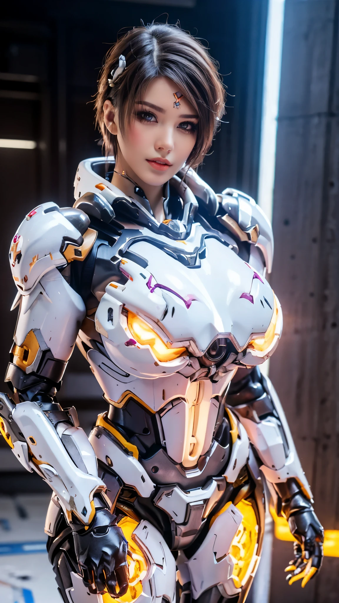 MASTERPIECE, BEST QUALITY, 1GIRL, CLOSE UP UPPER BODY, COWBOY SHOT PORTRAIT, (HER AMAZING K-CUP BREASTS:1.5), ((WEARING OUTFIT MECHA WHITE DARK EVIL ARMOR OVERWATCH:1.5)), (OILED MUSCULAR THICC BODY:1.5), (CLEAN GLOSSY BODYSKIN:1.5), (LOOKING AT VIEWER:1.6), (BACKGROUND FUTURISTIC SPACE STATION:1), (Photorealsitic:1.5), (Ultra-detail), (TOP-QUALITY), (BEST SHADOWS), BRIGHT LIGHT IN ROOM, HYPER TEXTURE, (4X MSAA), ((UNREAL ENGINE 5 RENDER)), (NEON), PHYSICALLY-BASED RENDERING, ULTRA HIGHT DEFINITION, 16K, 1080P.