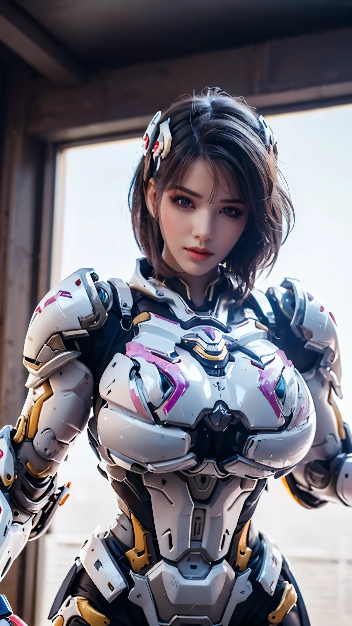 MASTERPIECE, BEST QUALITY, 1GIRL, CLOSE UP UPPER BODY, COWBOY SHOT PORTRAIT, (HER AMAZING K-CUP BREASTS:1.5), ((WEARING OUTFIT MECHA WHITE DARK EVIL ARMOR OVERWATCH:1.5)), (OILED MUSCULAR THICC BODY:1.5), (CLEAN GLOSSY BODYSKIN:1.5), (LOOKING AT VIEWER:1.6), (BACKGROUND FUTURISTIC SPACE STATION:1), (Photorealsitic:1.5), (Ultra-detail), (TOP-QUALITY), (BEST SHADOWS), BRIGHT LIGHT IN ROOM, HYPER TEXTURE, (4X MSAA), ((UNREAL ENGINE 5 RENDER)), (NEON), PHYSICALLY-BASED RENDERING, ULTRA HIGHT DEFINITION, 16K, 1080P.
