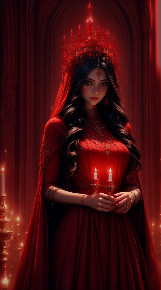(perfect bodies，Elegant and feminine，Red-lipped charming vampire beauty)(Burning flame background，8k detail，dynamic lights，Deep eyes、A magical scene surrounded by blood)