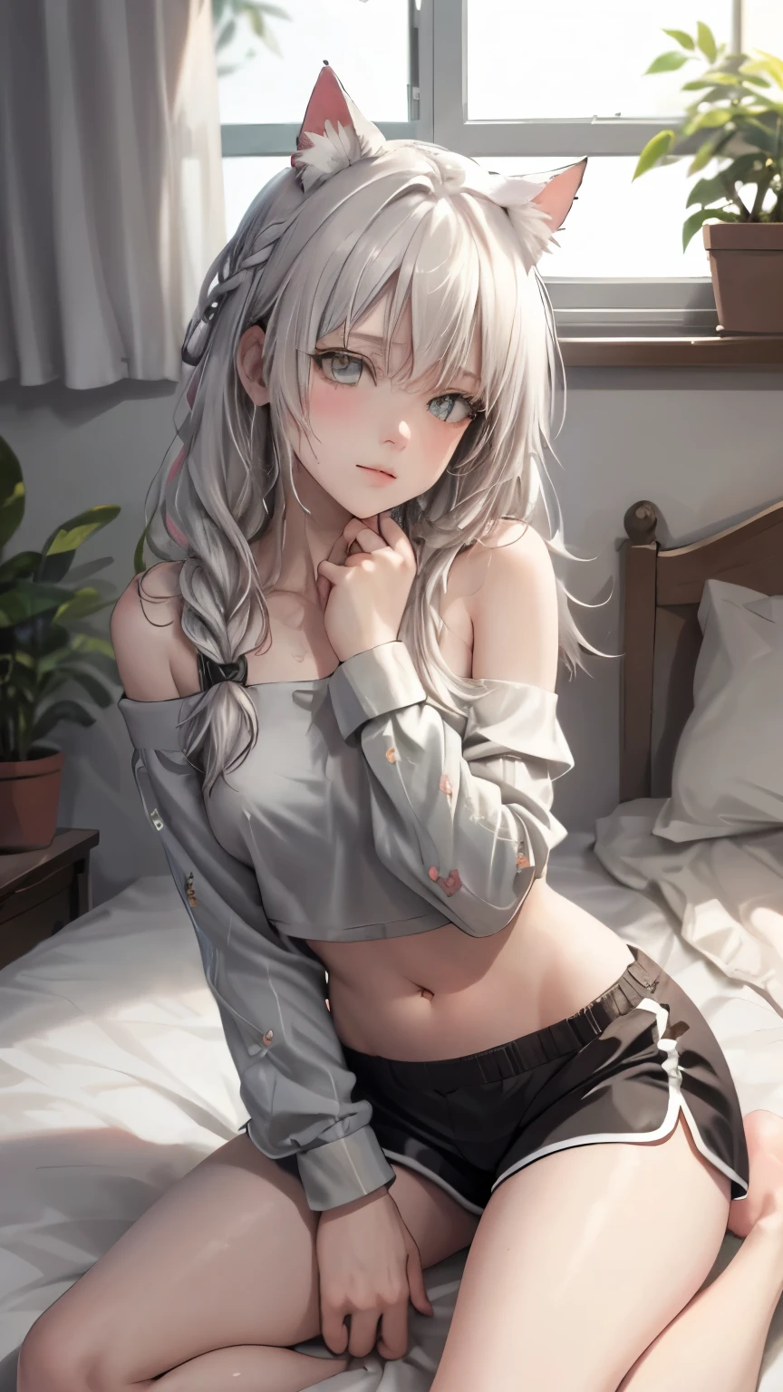 (photorealism:1.2),anime stile, beautiful german woman, 30 years old woman, lying on the bed, wearing tight and short off-shoulder top, cropped top, pajama shorts, long curly hair, indoors, soft lighting, plants in background, window with sunlight, cozy room, realistic, intricate details, warm colors, white hair, cat ears, hands tied together over her head, small cup size, braided,