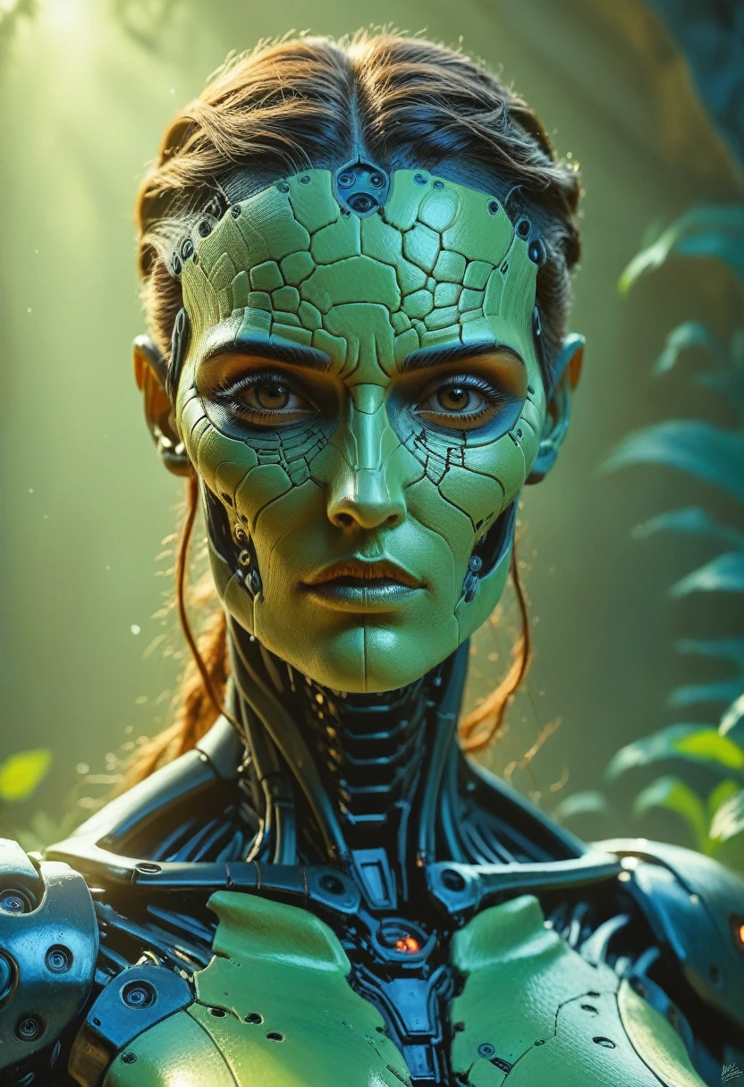 a beautiful cyborg woman, Best quality, high quality, absurdity, masterpiece, Beautiful, complex parts, 1/2 body trimmings, slender body, Beautiful figure, Magnificent Anatomy, HDR, (natural skin textures, hyperrealistic, soft light, spicy:1.2)