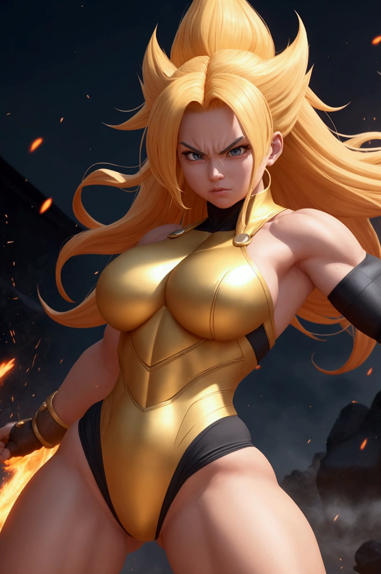 
Picture a fierce and powerful female Super Saiyan 3, her golden hair cascading down her back in long, flowing locks as she emanates an aura of raw energy and strength. With eyes blazing with determination and a fierce expression on her face, she stands ready to face any challenge that comes her way. Her muscles are taut and defined, a testament to the intense training and discipline that have brought her to this formidable form. As she prepares to unleash her full power, the ground trembles beneath her feet, and the air crackles with electricity. This Super Saiyan 3 warrior is a force to be reckoned with, a symbol of courage and resilience in the face of adversity. Are you ready to witness her epic battle and see her unleash the full extent of her Super Saiyan power?