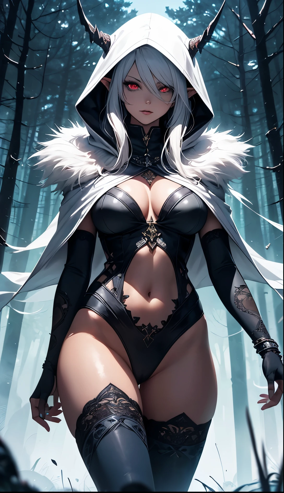 fur trim, 1girl, jewelry, fur, feather boa, fur-trimmed coat, fur collar, fur coat, tree, fur-trimmed sleeves, fur-trimmed jacket, fur-trimmed cape, cape fur, earrings, snow, bird, fur scarf, dark skin, alone, long hair, dress with fur trim, looking at viewer, cleavage, dark-skinned woman, large breasts, leafless tree, standing, necklace, coat, white hair, fur-trimmed gloves, fur trimmed capelet, yellow eyes, branch, covered navel, dress