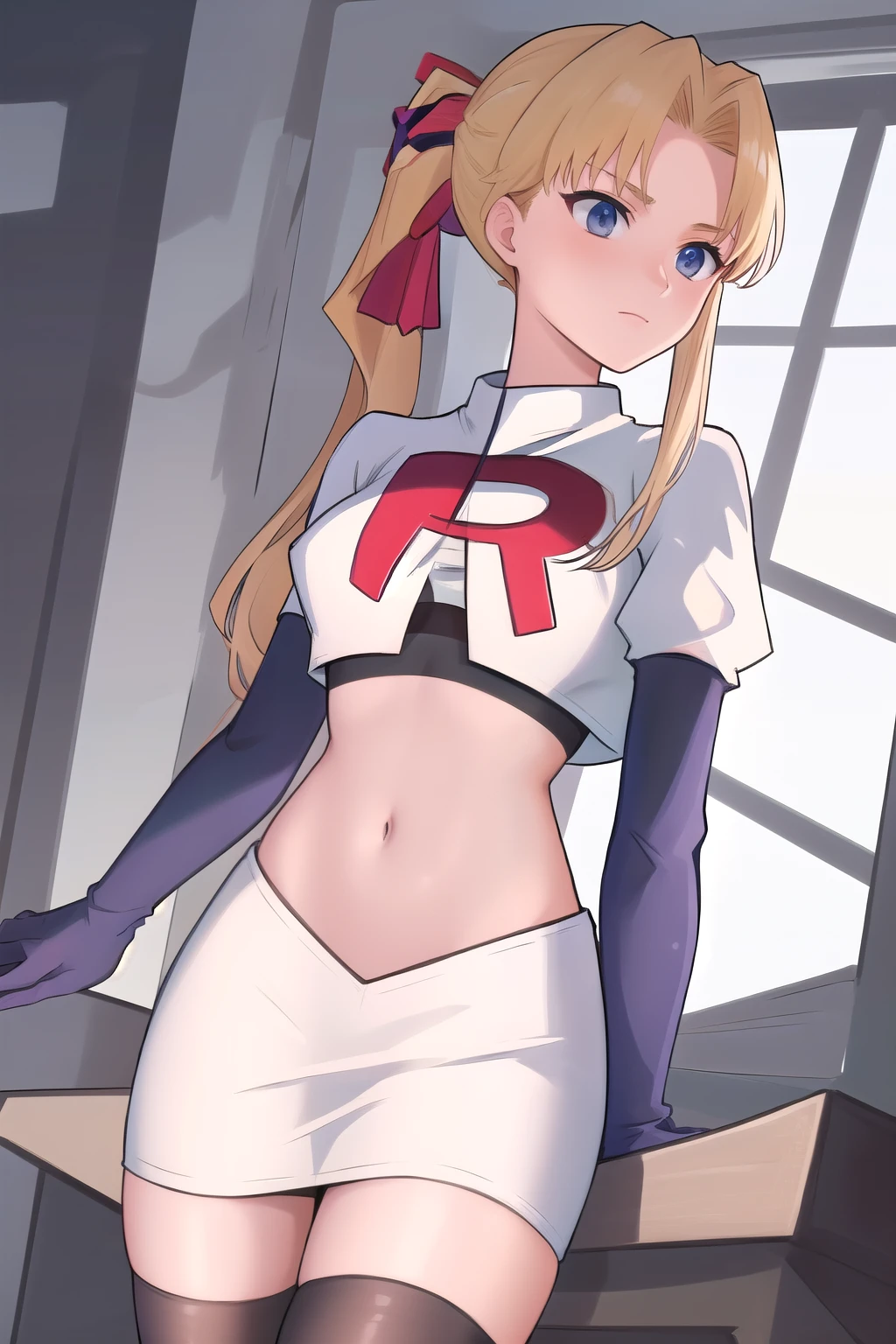 masterpiece, best quality, 1girl, solo, maybelle, ponytail, hair ribbon, brooch, jewelry, team rocket,team rocket uniform,white skirt,red letter R,crop top,black thigh-highs,black elbow gloves