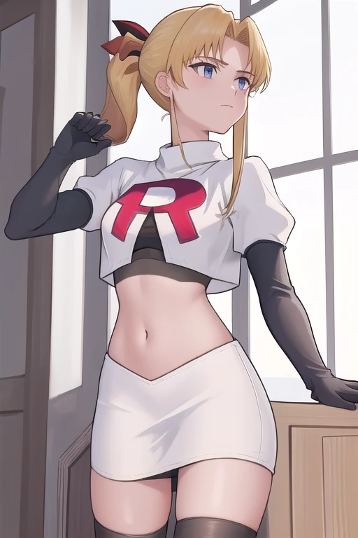 masterpiece, best quality, 1girl, solo, maybelle, ponytail, hair ribbon, brooch, jewelry, team rocket,team rocket uniform,white skirt,red letter R,crop top,black thigh-highs,black elbow gloves