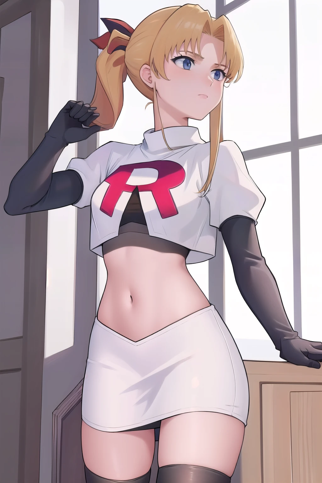 masterpiece, best quality, 1girl, solo, maybelle, ponytail, hair ribbon, brooch, jewelry, team rocket,team rocket uniform,white skirt,red letter R,crop top,black thigh-highs,black elbow gloves