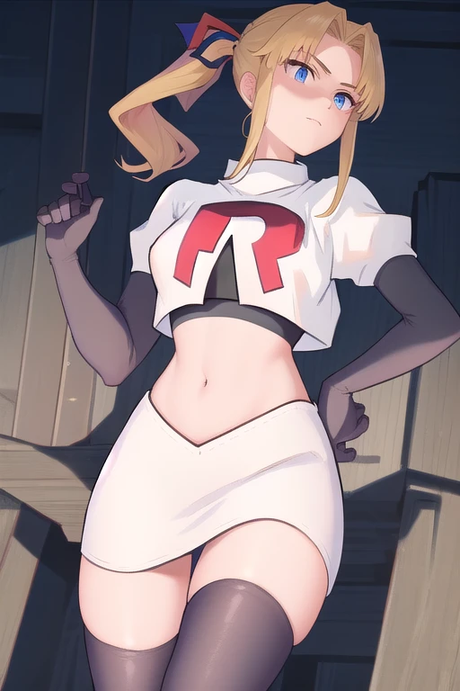 masterpiece, best quality, 1girl, solo, maybelle, ponytail, hair ribbon, brooch, jewelry, team rocket,team rocket uniform,white skirt,red letter R,crop top,black thigh-highs,black elbow gloves