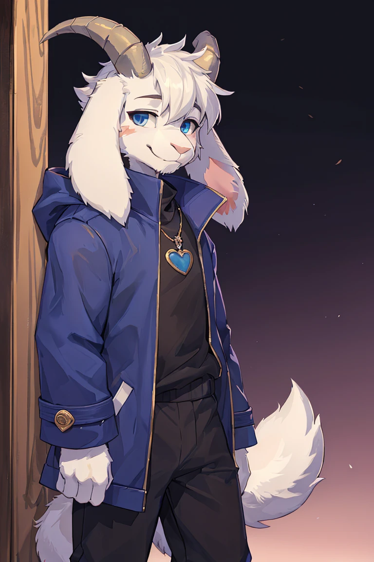 1boy, teenager, innocent, alone, Asriel, Undertale (Asriel Dreemurr), smile, 1Eskimo coat (blue coat, no drawing), tall, hairy, anthropomorphic, blue eyes (black blouse, black pants), goat's paw, paw with pastern((short tail, anthropomorphic tail, short tail, furry tail, goat tail, goat, anthro, furry tail, furry)), hair (bangs on the right side), barefoot, short horns, 2 white horns ((1 pair short horned)), ((Detailed, tail detail, short tail, face details, best quality)), 1 pair of ears (droop ears, anthro ears, furry floppy ears)