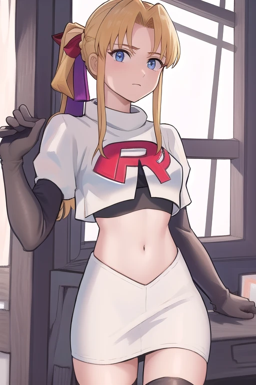 masterpiece, best quality, 1girl, solo, maybelle, ponytail, hair ribbon, brooch, jewelry, team rocket,team rocket uniform,white skirt,red letter R,crop top,black thigh-highs,black elbow gloves