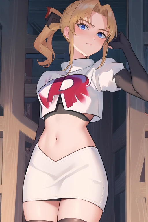 masterpiece, best quality, 1girl, solo, maybelle, ponytail, hair ribbon, brooch, jewelry, team rocket,team rocket uniform,white skirt,red letter R,crop top,black thigh-highs,black elbow gloves