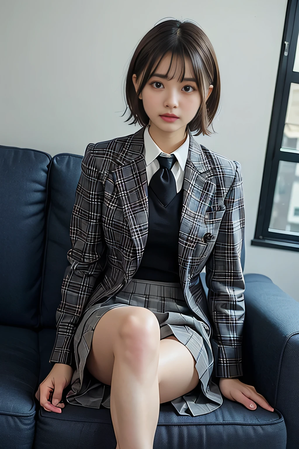 ((masterpiece:1.4))、((office:1.5))、((Girl with short hair, Light brown hair:1.4))、((Wearing a grey plaid pleated skirt Lift:1.4))、((黒色のタイトなWearing a suitいる:1.4))、((Girl sitting on sofa:1.7))、very Sexy Costumes, 厳格なWearing a suitいる、Stylish and gorgeous cosplay, Sexy Costumes, ファッションWearing a suitいる, Wearing a suit, Appropriate attire、((黒色のWearing a suitいる:1.4))、Sexy look, suit、((黒いWearing a suitいる:1.4))、黒いWearing a suitいる、