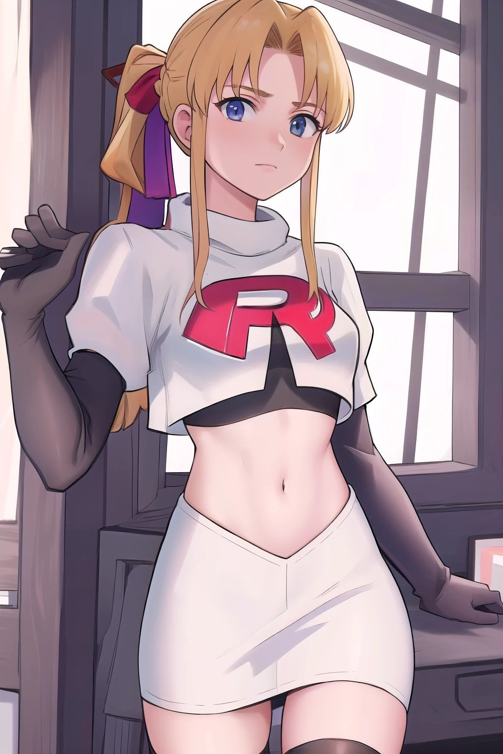 masterpiece, best quality, 1girl, solo, maybelle, ponytail, hair ribbon, brooch, jewelry, team rocket,team rocket uniform,white skirt,red letter R,crop top,black thigh-highs,black elbow gloves