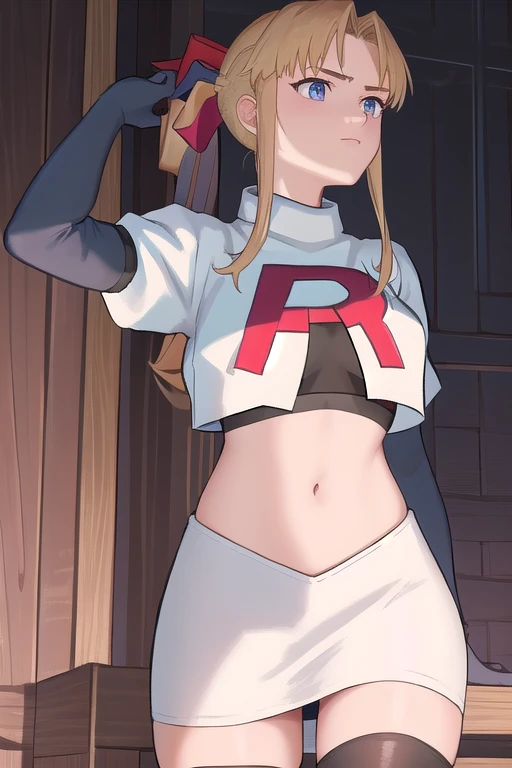 masterpiece, best quality, 1girl, solo, maybelle, ponytail, hair ribbon, brooch, jewelry, team rocket,team rocket uniform,white skirt,red letter R,crop top,black thigh-highs,black elbow gloves