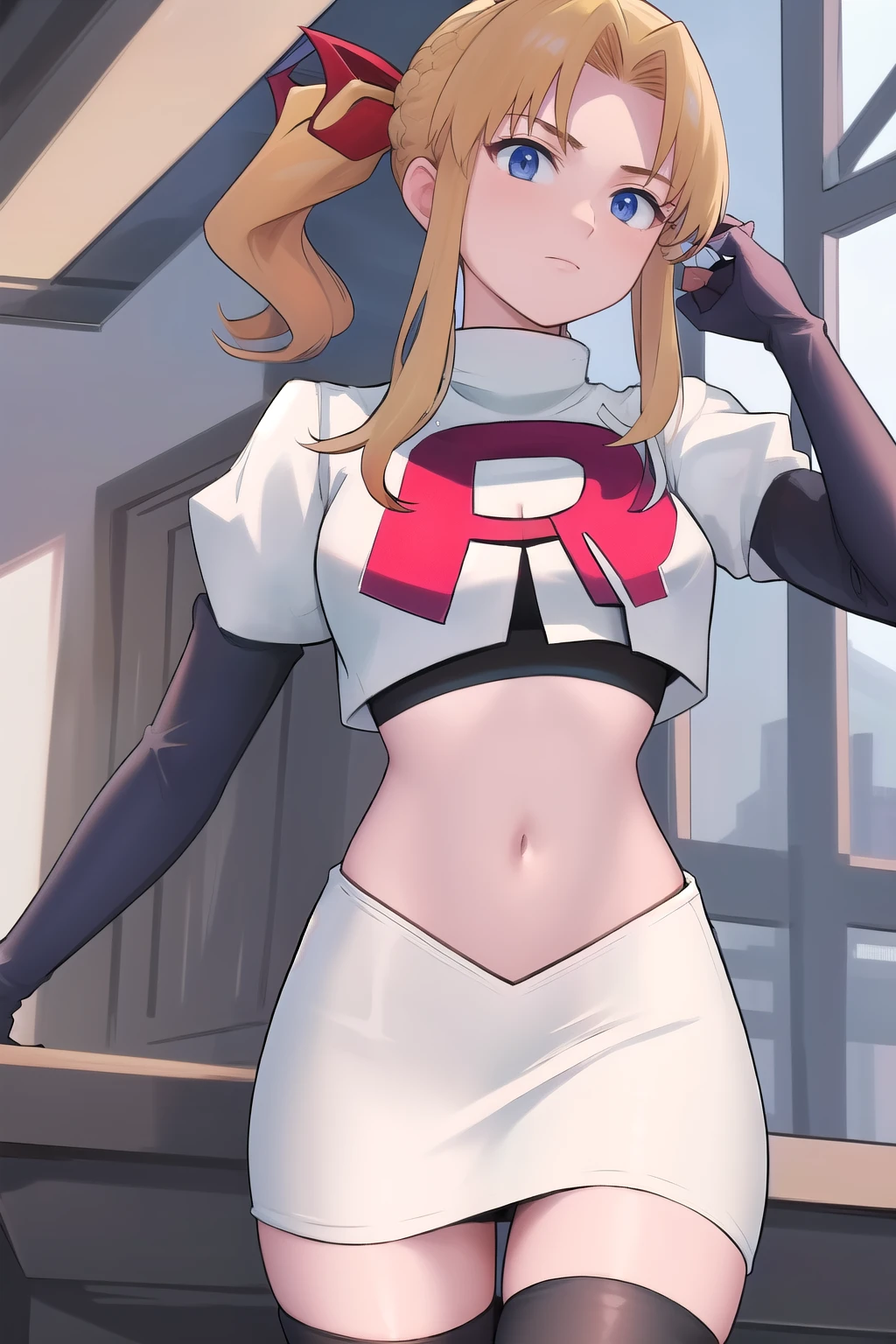 masterpiece, best quality, 1girl, solo, maybelle, ponytail, hair ribbon, brooch, jewelry, team rocket,team rocket uniform,white skirt,red letter R,crop top,black thigh-highs,black elbow gloves