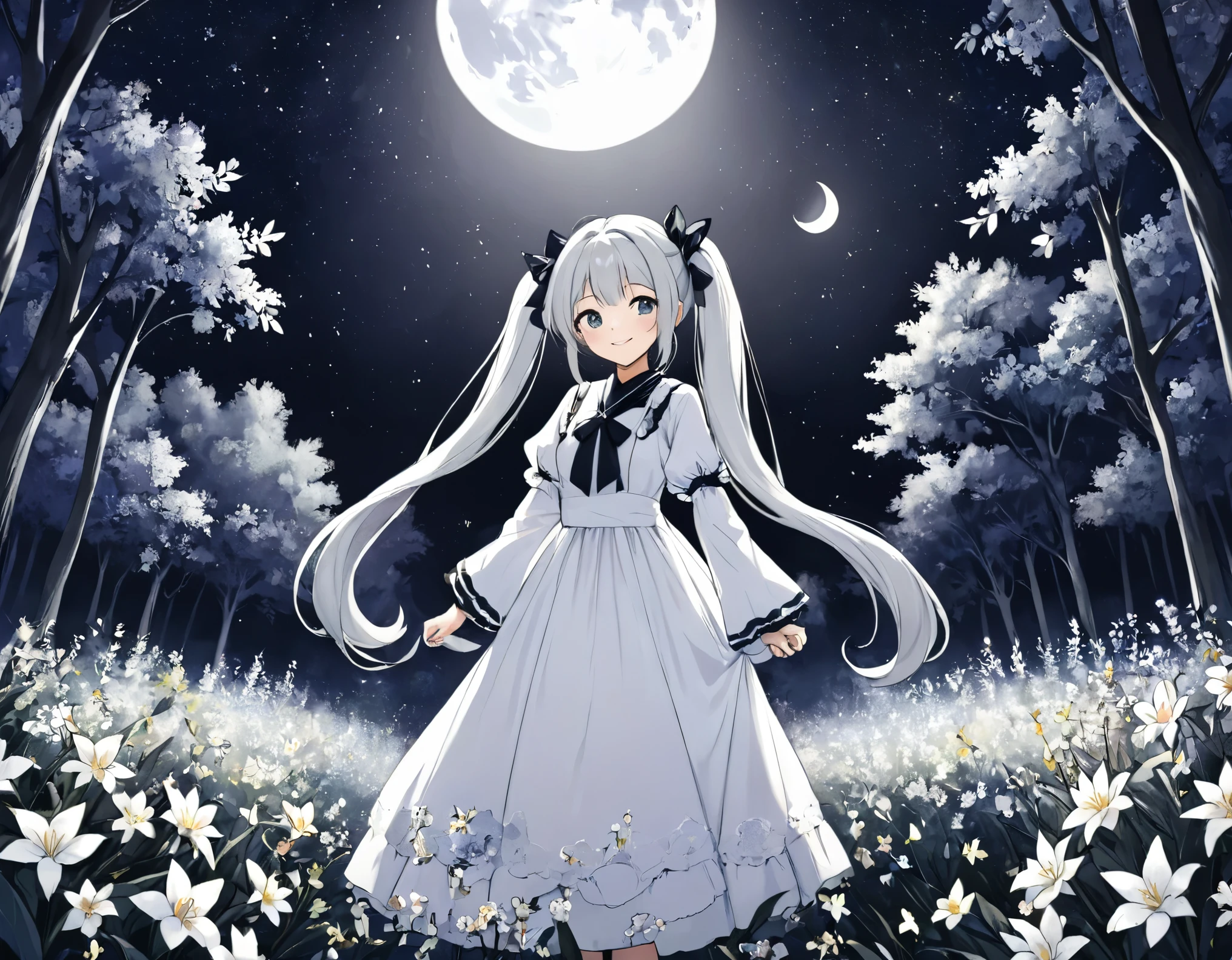 A world in black and white、In the mysterious forest、Lots of flowers、Mysterious long hair、Beautiful girl with twin tails、smile、looking at the camera。Long dress、full moon、shooting star、milky way、全てA world in black and white