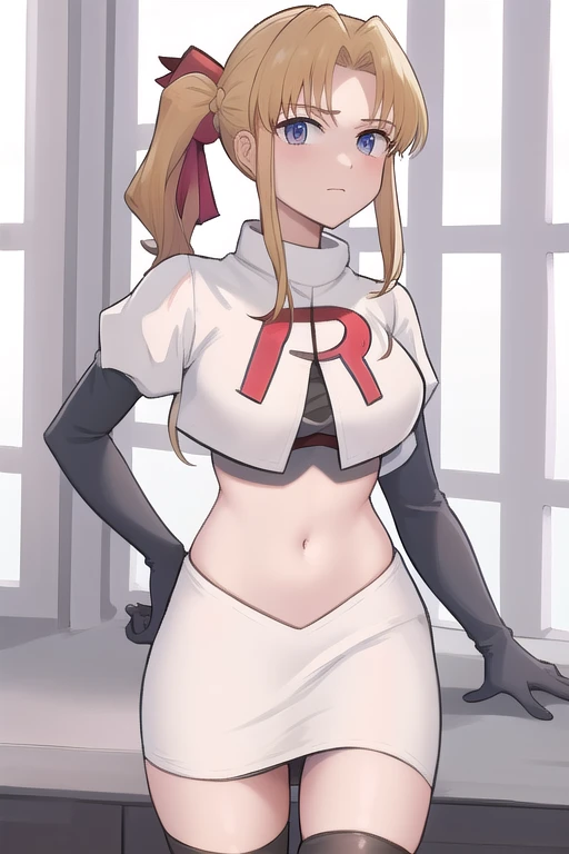 masterpiece, best quality, 1girl, solo, maybelle, ponytail, hair ribbon, brooch, jewelry, team rocket,team rocket uniform,white skirt,red letter R,crop top,black thigh-highs,black elbow gloves