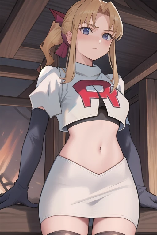 masterpiece, best quality, 1girl, solo, maybelle, ponytail, hair ribbon, brooch, jewelry, team rocket,team rocket uniform,white skirt,red letter R,crop top,black thigh-highs,black elbow gloves