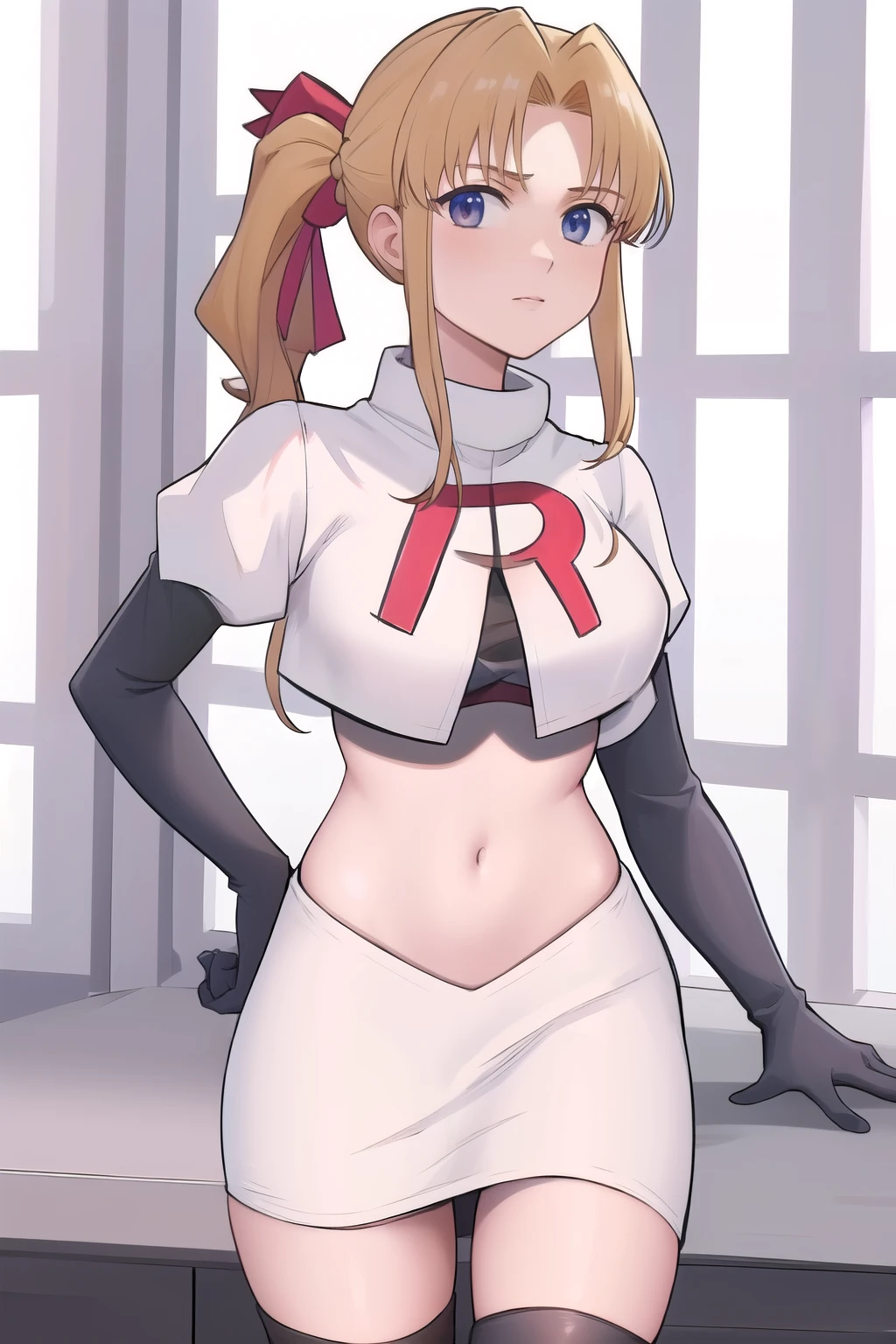 masterpiece, best quality, 1girl, solo, maybelle, ponytail, hair ribbon, brooch, jewelry, team rocket,team rocket uniform,white skirt,red letter R,crop top,black thigh-highs,black elbow gloves