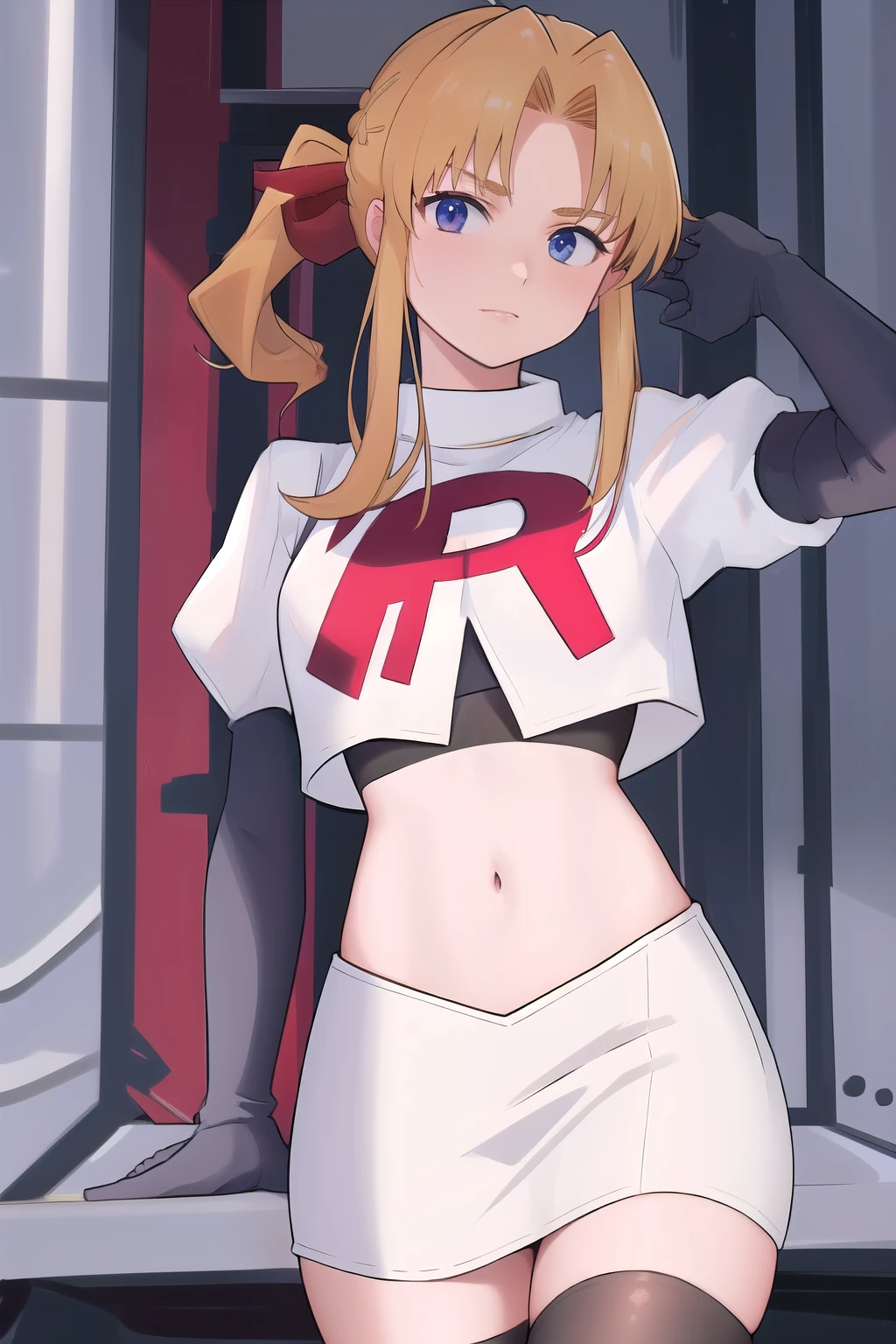 masterpiece, best quality, 1girl, solo, maybelle, ponytail, hair ribbon, brooch, jewelry, team rocket,team rocket uniform,white skirt,red letter R,crop top,black thigh-highs,black elbow gloves