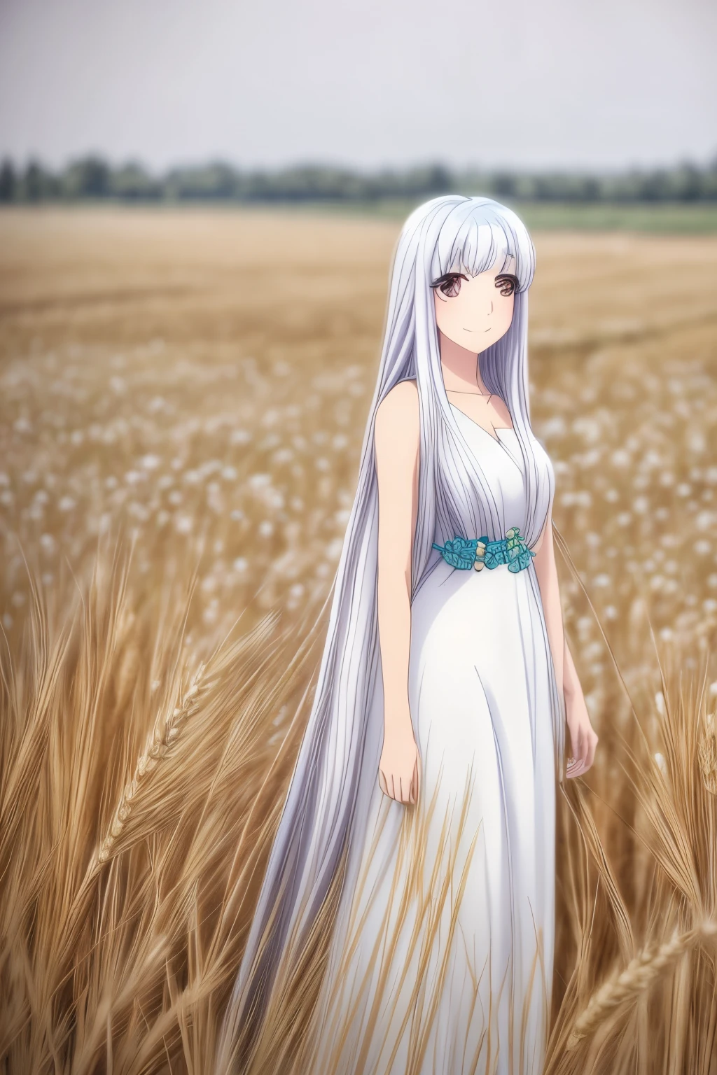 masterpiece, best quality, ultra highres, detailed illustration, portrait, detailed, 1girl standing in wheat field, solo, long hair, dress, flower, white hanfu, smile, full body, white flower, bare shoulders, very long hair, aqua hair, closed mouth, facing viewer, bangs,