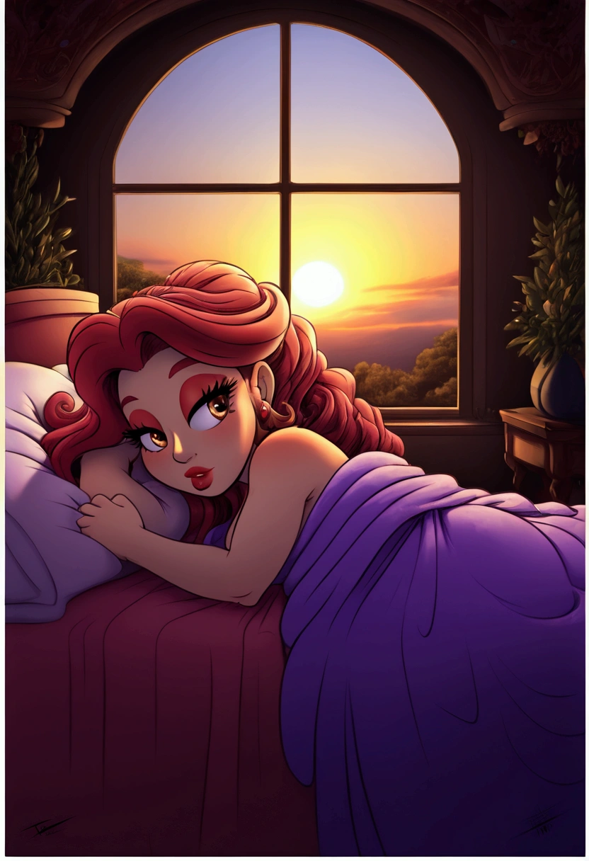 a beautiful princess sleeping in a luxurious bed, detailed facial features, long eyelashes, lush bedsheets, one foot exposed, serene expression, sunlight streaming through window, ornate headboard, elegant bedroom interior, warm color palette, cinematic lighting, highly detailed, photorealistic, 8k, masterpiece