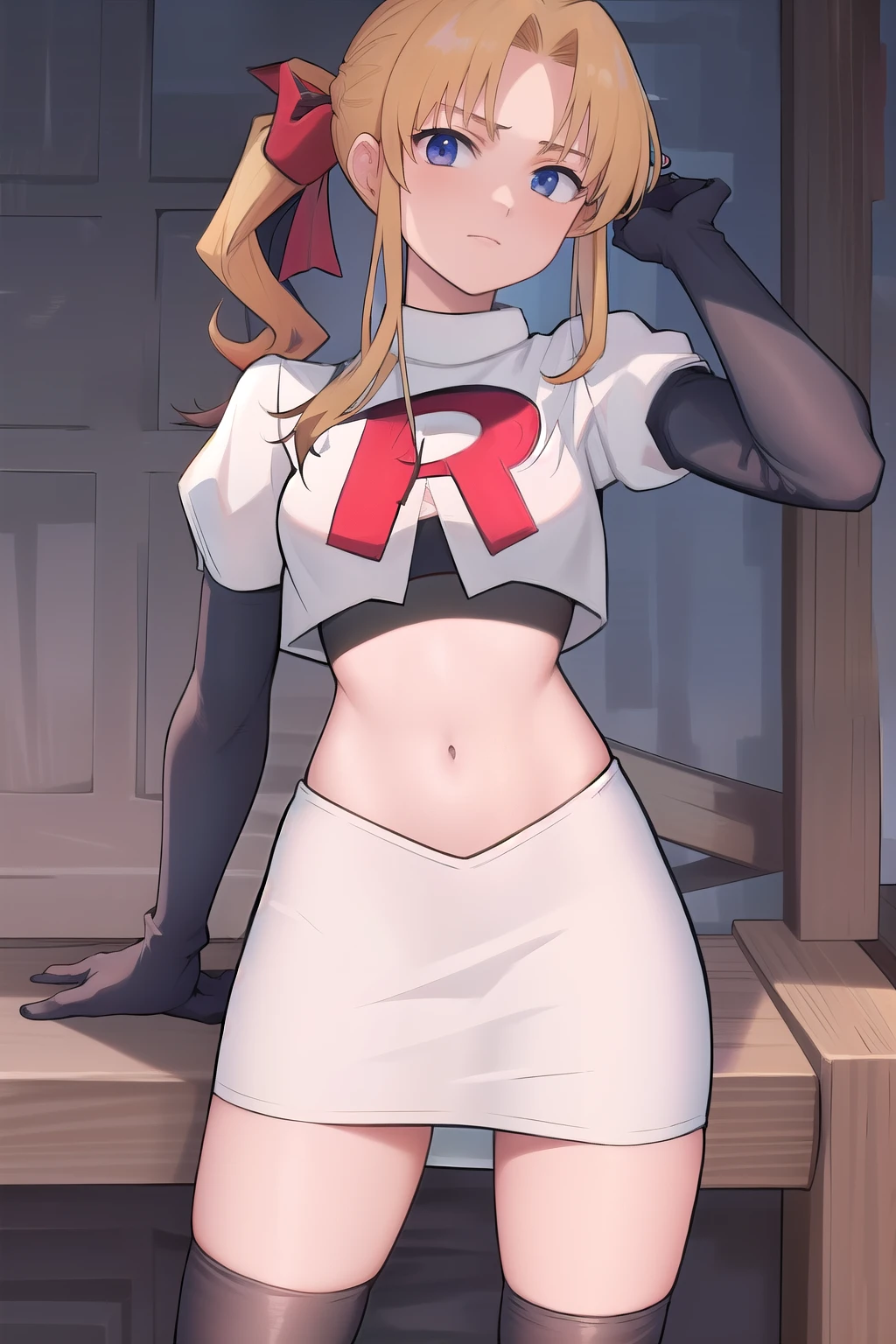 masterpiece, best quality, 1girl, solo, maybelle, ponytail, hair ribbon, brooch, jewelry, team rocket,team rocket uniform,white skirt,red letter R,crop top,black thigh-highs,black elbow gloves