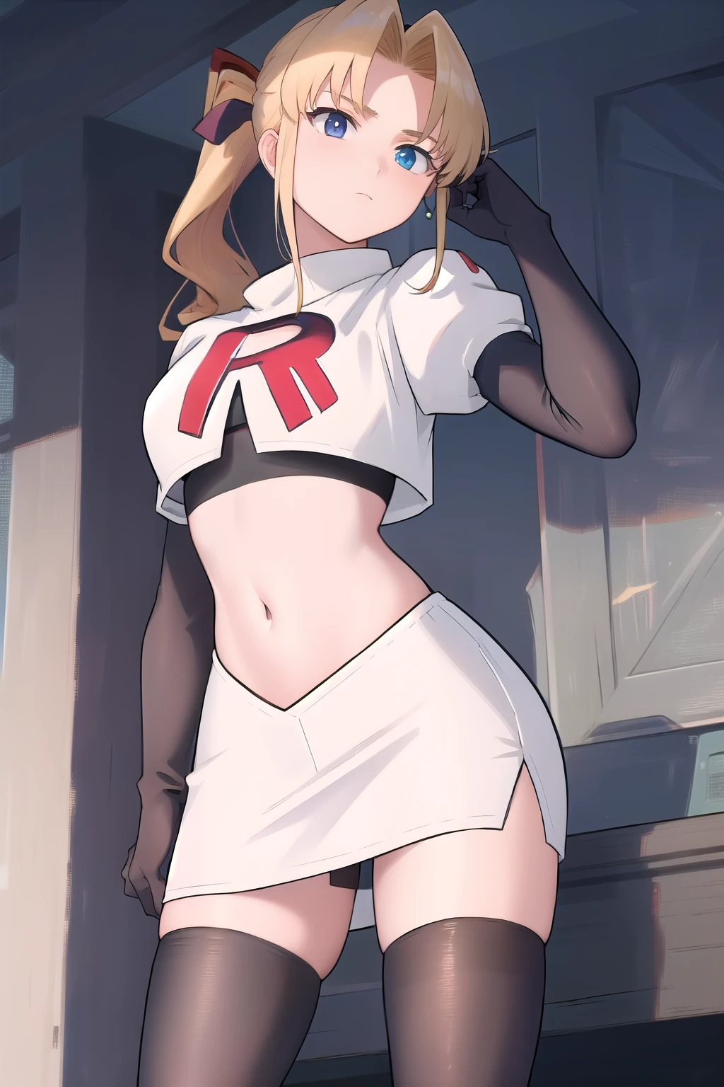 masterpiece, best quality, 1girl, solo, maybelle, ponytail, hair ribbon, brooch, jewelry, team rocket,team rocket uniform,white skirt,red letter R,crop top,black thigh-highs,black elbow gloves