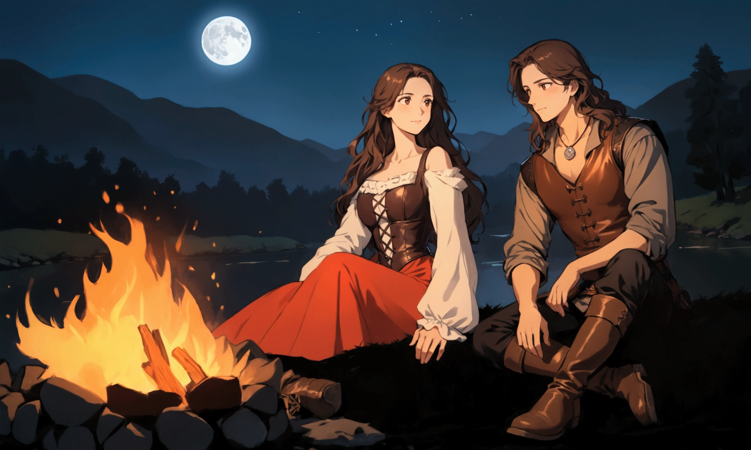 masterpiece, best quality, perfect face, anime, (expressive eyes), campfire, night scene, two people in the grass sitting by the fire staring at each other affectionably. medieval fantasy renaissance. woman on the left wearing red dress with a leather corset and long open shoulder sleeves, she have black wavy hair and brown eyes. man on the right wearing grey shirt with a leather vest, black pants and boots, he have long wavy brown hair falling over his shoulders and brown eyes, silver medallion around his neck. campfire in front, dark silhouettes of trees, mountains and a river flowing in the background, deep blue sky replete of starts and a full moon, soft natural lighting from the fire, warm and cozy atmosphere, low angle, balanced exposure