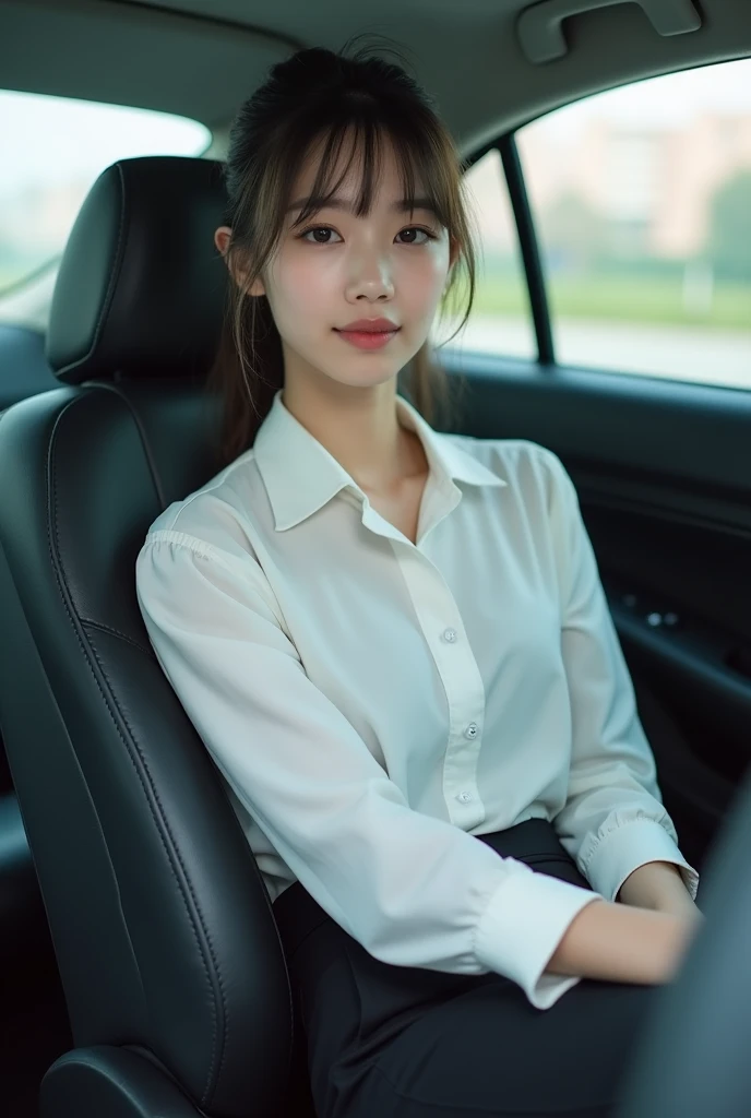 Top quality, Masterpiece, Super high res,(Photorealistic:1.4), Highly detailed, Professional lighting smile, Masterpiece, Top quality, Highly detailed, Octane rendering, Superior,(Japanese girl_woman:1.1), Japanese girl, Woman sitting in automobile, taking picture from distance, taking picture from distance, Uniform on upper body, Woman sitting in car, car door wide open, showing cunt from inside car, pubic hair black, legs spread wide, crouching, female genitalia exposed