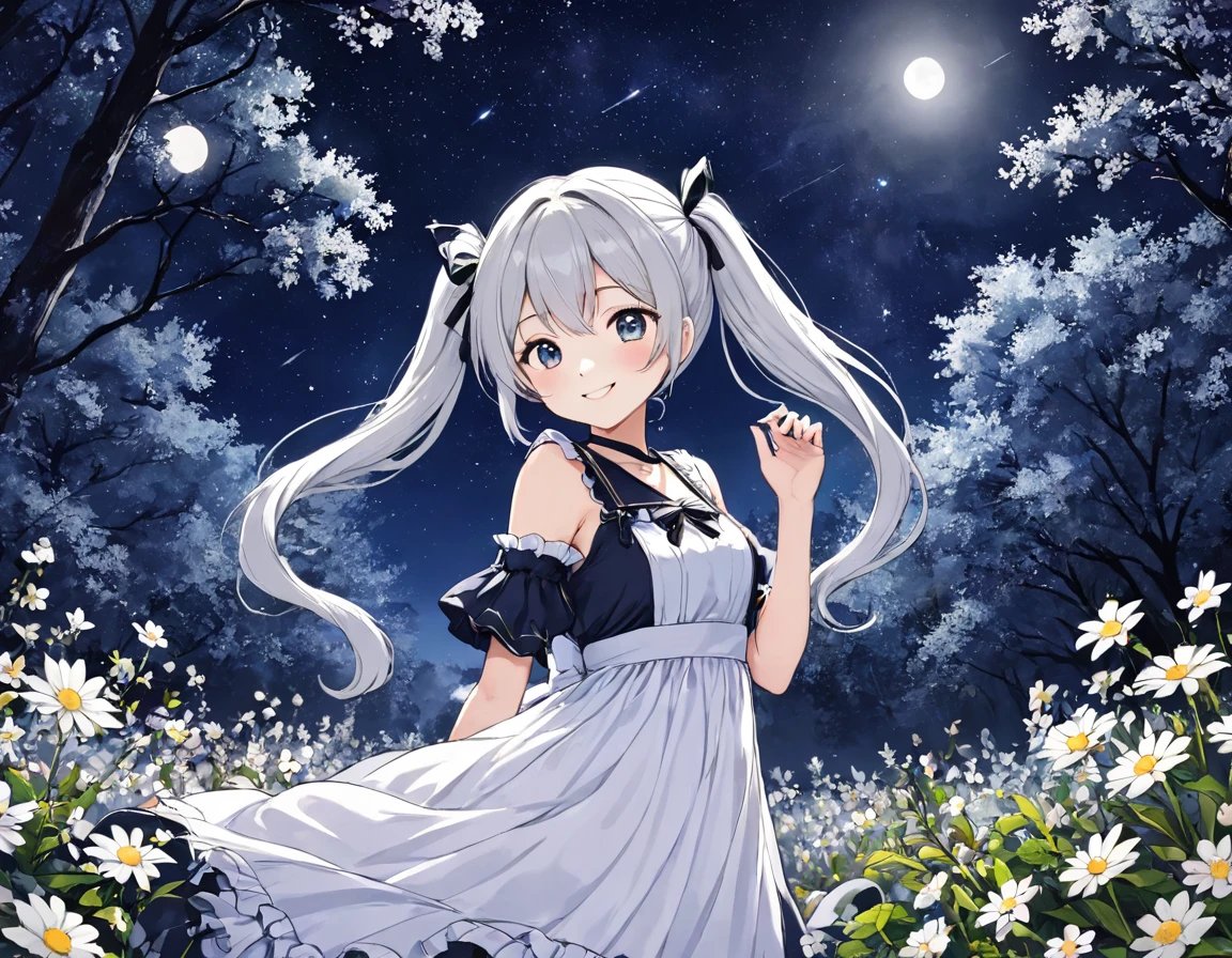 A world in black and white、In the mysterious forest、Lots of flowers、Mysterious long hair、Beautiful girl with twin tails、smile、looking at the camera。Long dress、full moon、shooting star、milky way、全てA world in black and white