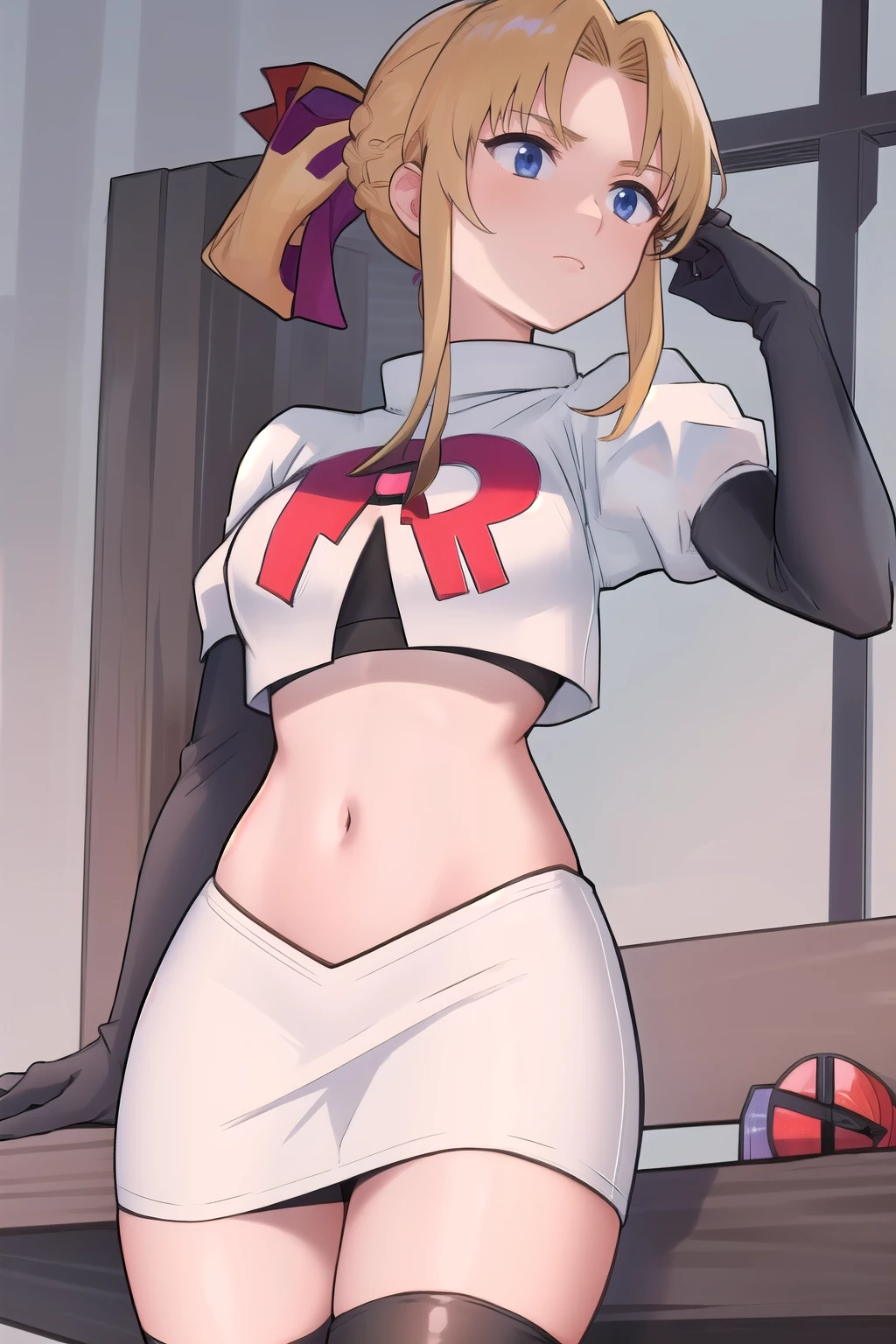 masterpiece, best quality, 1girl, solo, maybelle, ponytail, hair ribbon, brooch, jewelry, team rocket,team rocket uniform,white skirt,red letter R,crop top,black thigh-highs,black elbow gloves