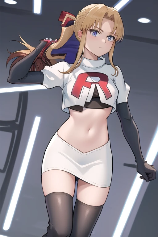 masterpiece, best quality, 1girl, solo, maybelle, ponytail, hair ribbon, brooch, jewelry, team rocket,team rocket uniform,white skirt,red letter R,crop top,black thigh-highs,black elbow gloves