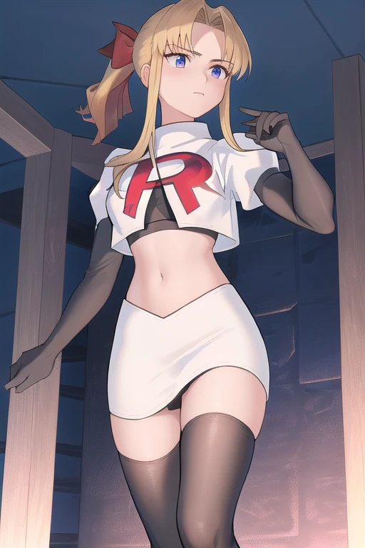 masterpiece, best quality, 1girl, solo, maybelle, ponytail, hair ribbon, brooch, jewelry, team rocket,team rocket uniform,white skirt,red letter R,crop top,black thigh-highs,black elbow gloves