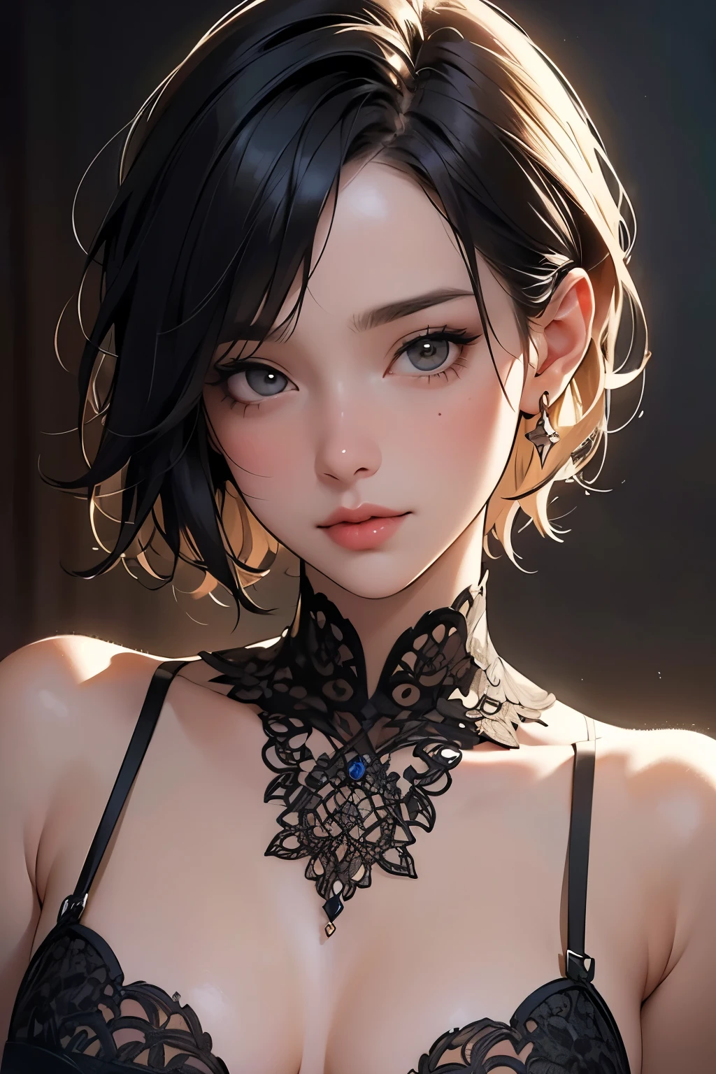 1 beautiful and sexy woman, pale white skin, bright blue eyes (vampire eyes), short hair, black and white hair, multicolored hair, perfect body, perfect abdomen, navel, black sleeveless shirt, cleavage, black plaid skirt and gray, makeup, eye shadow, eyeliner, red lips, earrings, bracelet, necklace, choker, hair band, sexy and provocative look and expression, (AM190_Brigitte:0.99), ((close-up portrait:1.3)), model shoot style, (extremely detailed CG unity 8k wallpaper), photo of the most beautiful work of art in the world, majestic professional, Atey Ghailan, Studio Ghibli, by Jeremy Mann, Greg Manchess, Antonio Moro, intricate, great detail, sharp focus, dramatic, photorealistic painting by midjourney and greg rutkowski, (looking at cameras), (((closeup of upper body))).