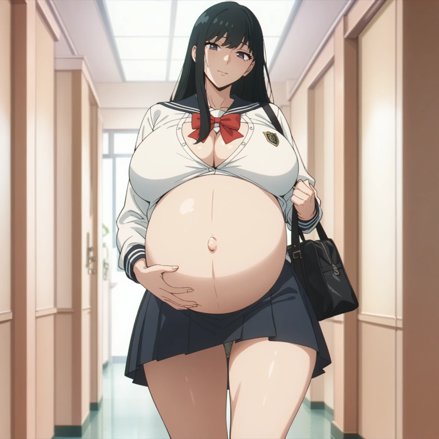 looking at viewer, solo, YorForger,1girl, (( very big and firm breast)),Beautiful pregnant school girl, pregnant, very Big Belly, beautiful Korean face, Long black hair, breast is very large and firm, Cleavage, showing her Belly, Wearing Japanese school uniform, Wearing a short skirt, Belly one navel, sexy curvaceous body, Carrying a black bag, Sitting on a chair in the school hallway, huge breasts , 