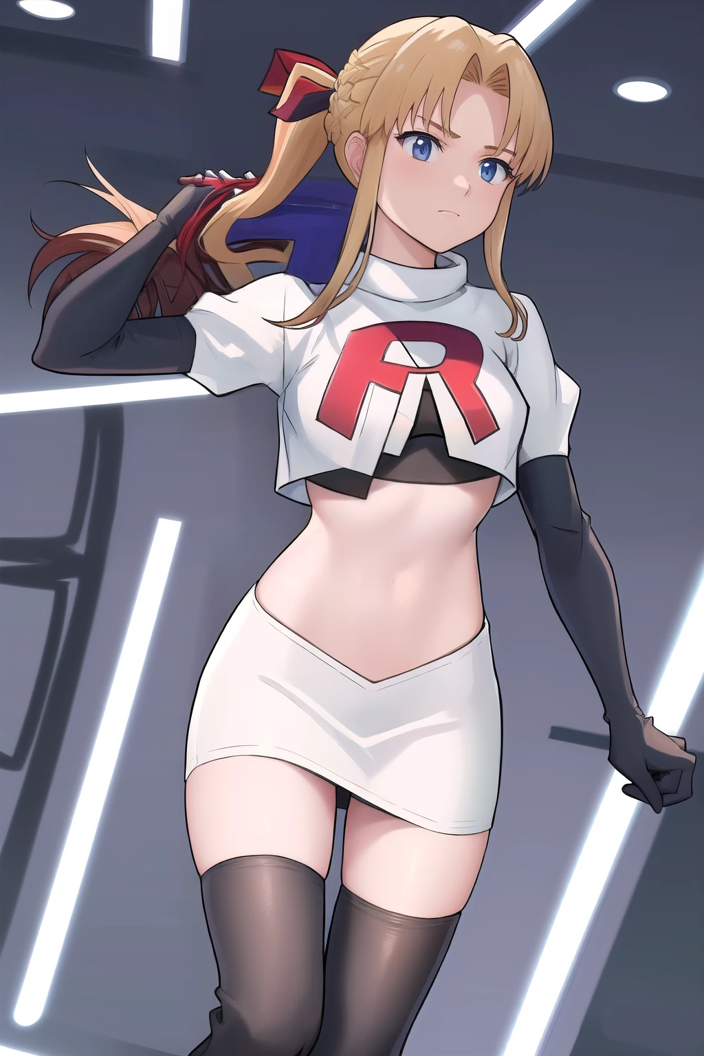 masterpiece, best quality, 1girl, solo, maybelle, ponytail, hair ribbon, brooch, jewelry, team rocket,team rocket uniform,white skirt,red letter R,crop top,black thigh-highs,black elbow gloves