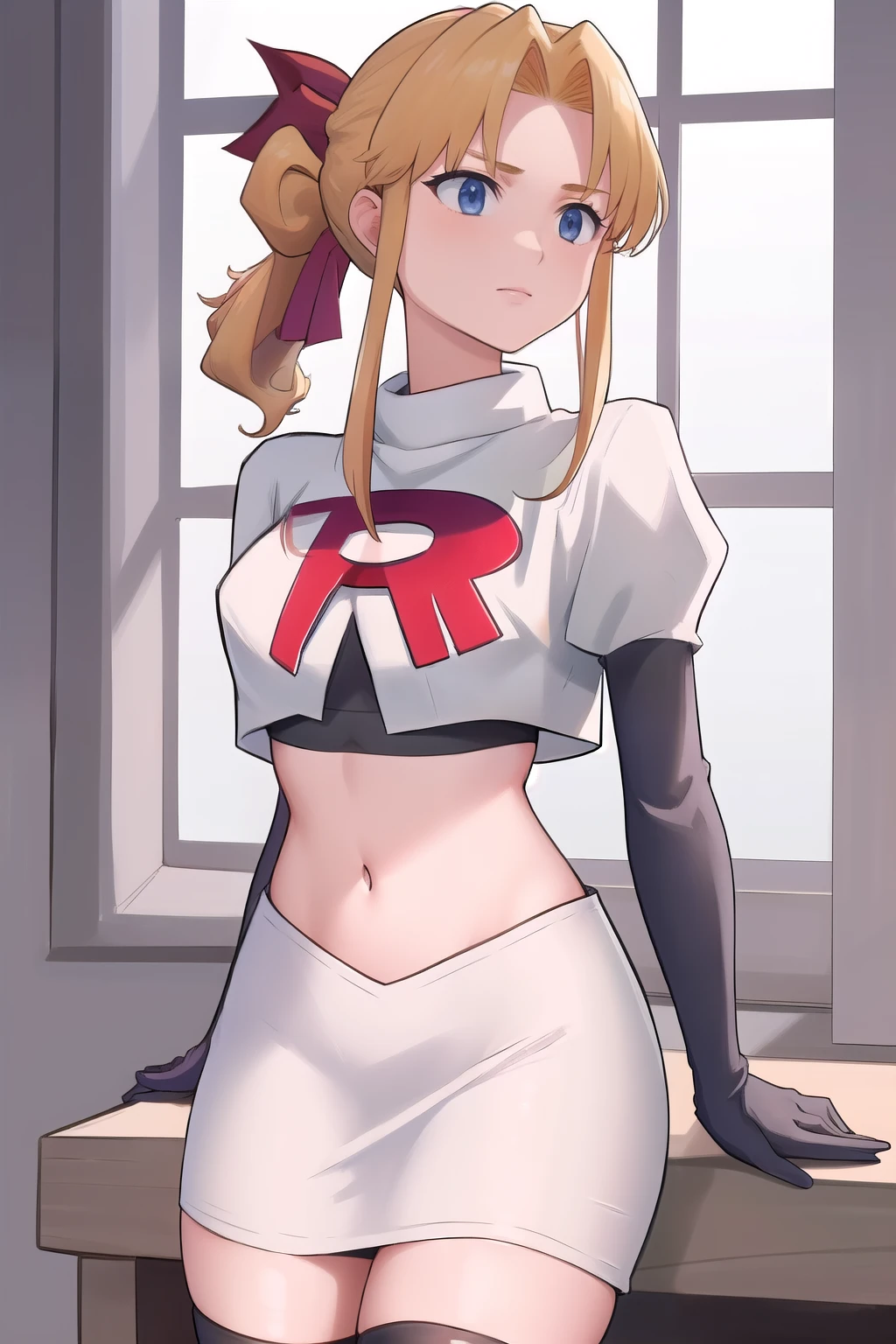 masterpiece, best quality, 1girl, solo, maybelle, ponytail, hair ribbon, brooch, jewelry, team rocket,team rocket uniform,white skirt,red letter R,crop top,black thigh-highs,black elbow gloves