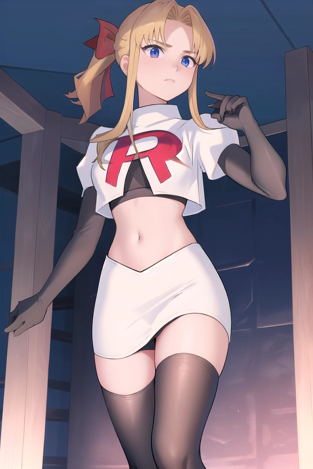 masterpiece, best quality, 1girl, solo, maybelle, ponytail, hair ribbon, brooch, jewelry, team rocket,team rocket uniform,white skirt,red letter R,crop top,black thigh-highs,black elbow gloves