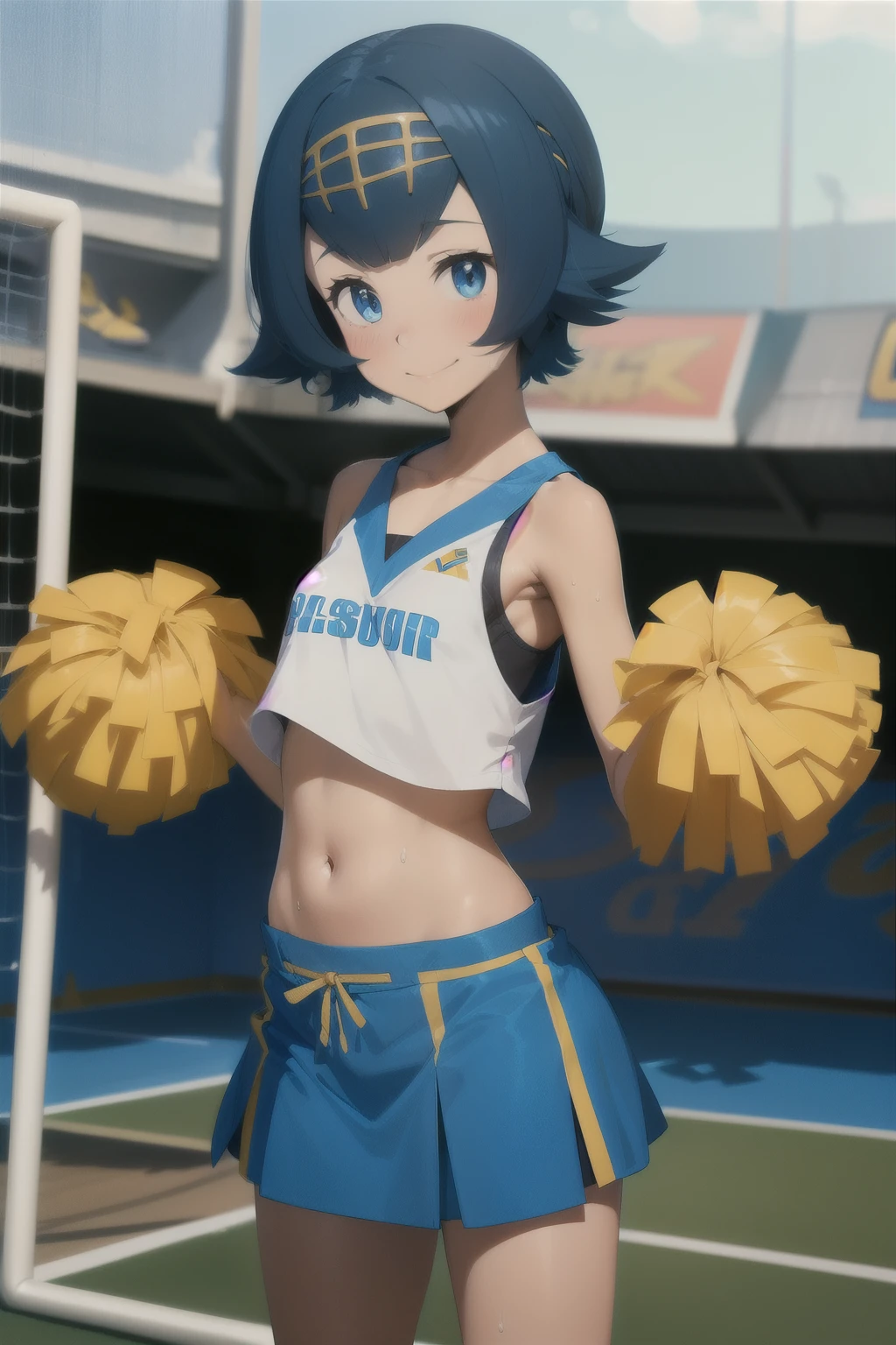 Anime style, 1 girl lana ,  girl , childbody ,solo , short blue hair ,sweat , flat chest , yelow shirt underboobs , flat  chest , cheerleader ,  smug face smile , blush, mini-skirt , futebol stadium . standing 