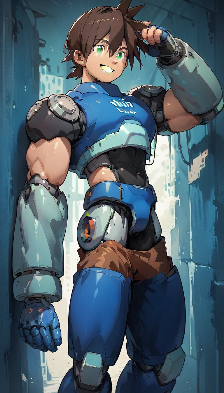 Shorts,Anatomically correct, (((8k resolution))),Black shirt,Huge muscles,smile,cyborg,m3g4m4n,Blue Armor,Black Hair,male focus, brown hair, green eyes, 独奏, android, hair between eyes,