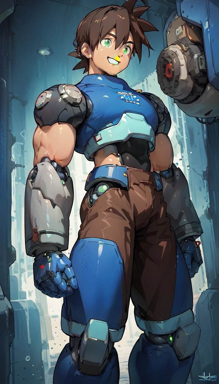 Shorts,Anatomically correct, (((8k resolution))),Black shirt,Huge muscles,smile,cyborg,m3g4m4n,Blue Armor,Black Hair,male focus, brown hair, green eyes, 独奏, android, hair between eyes,