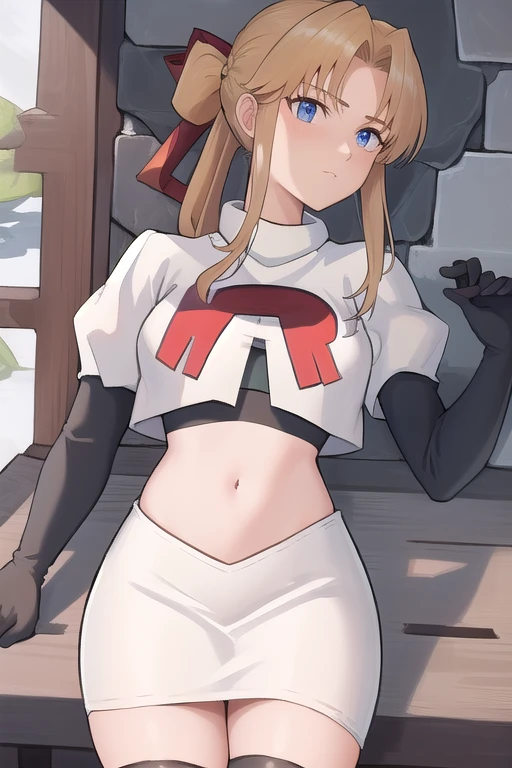 masterpiece, best quality, 1girl, solo, maybelle, ponytail, hair ribbon, brooch, jewelry, team rocket,team rocket uniform,white skirt,red letter R,crop top,black thigh-highs,black elbow gloves