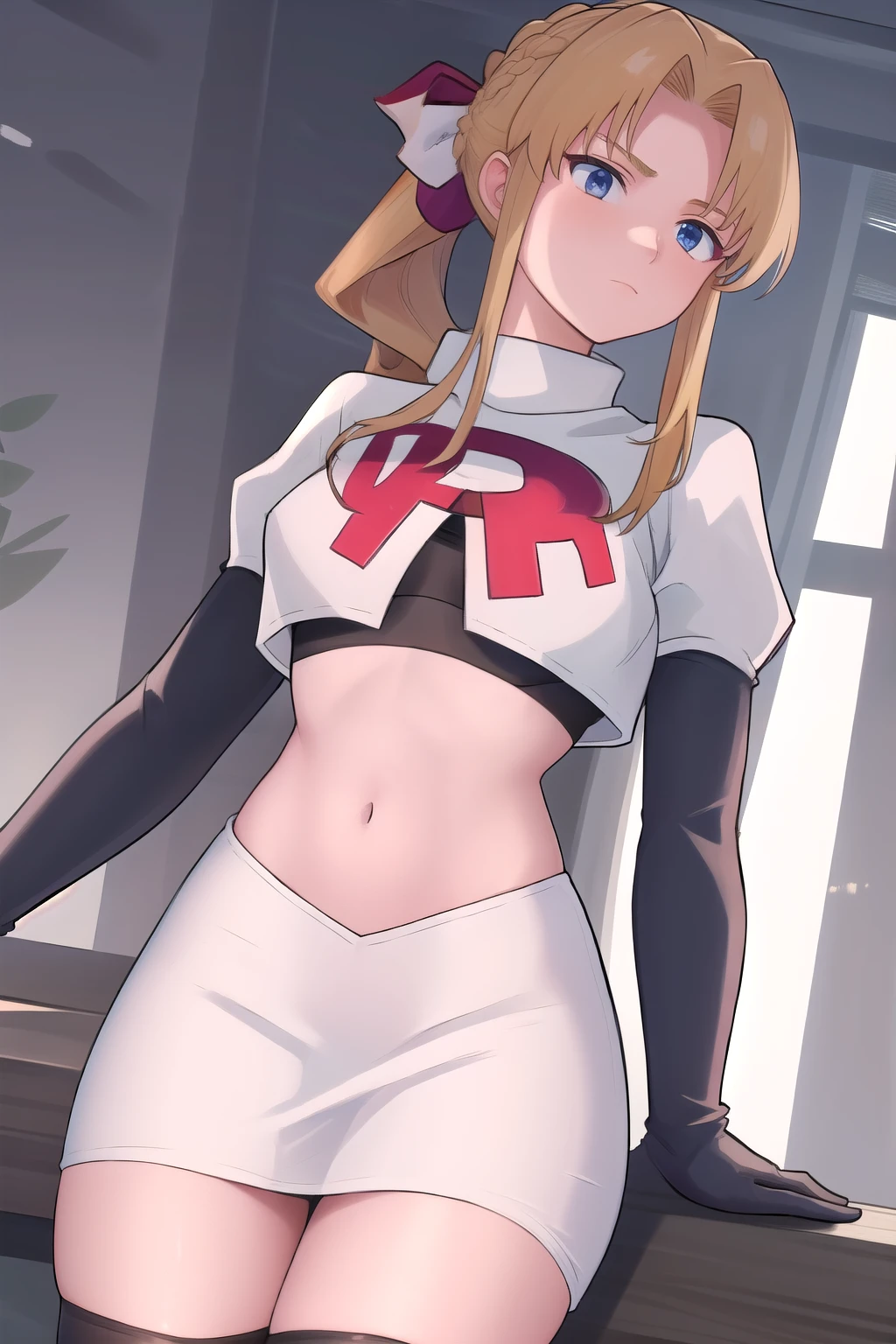 masterpiece, best quality, 1girl, solo, maybelle, ponytail, hair ribbon, brooch, jewelry, team rocket,team rocket uniform,white skirt,red letter R,crop top,black thigh-highs,black elbow gloves