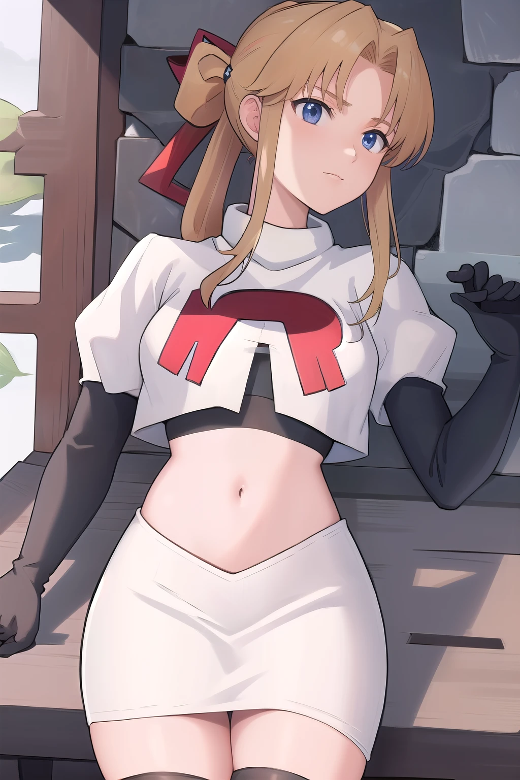 masterpiece, best quality, 1girl, solo, maybelle, ponytail, hair ribbon, brooch, jewelry, team rocket,team rocket uniform,white skirt,red letter R,crop top,black thigh-highs,black elbow gloves