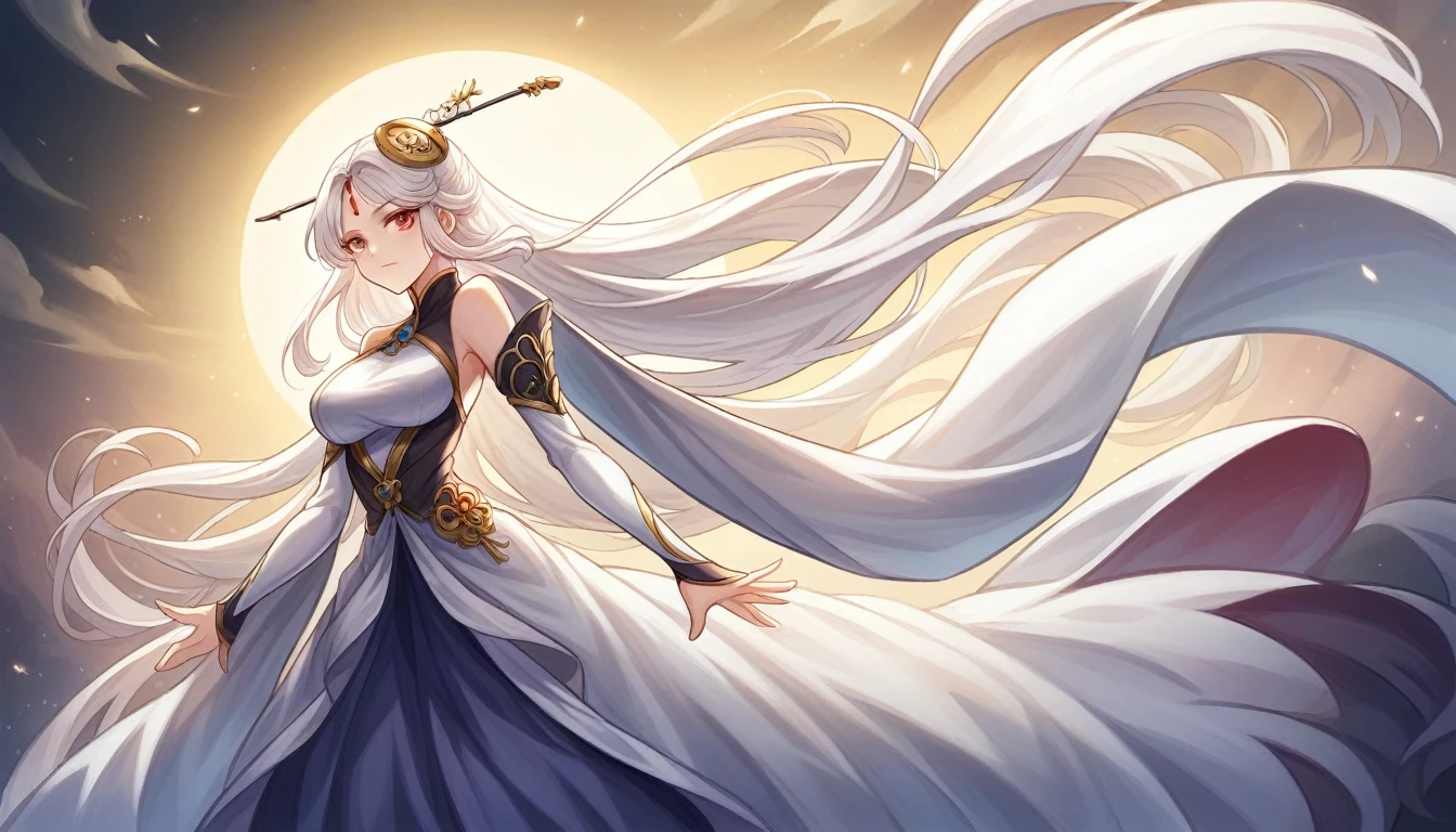 (masuter piece,Best Quality,Ultra-detailed), (A detailed face), Movie Posters, hight resolution, 1girl in, Vast landscape photos, Midnight steppe, Girl Looking Up At the Sky, fullmoon:1.2, shooting stars:1.1, Mountains in the distance, (Warm color Light Source:1.2), (Iridescent colors:1.2), Dreams, magia, Rear view, Golden white hair, (golden-white hair with bangs,,,), (bob cuts), Two-tone hair, white clothes, White cloak, full bodyesbian, flat-chest